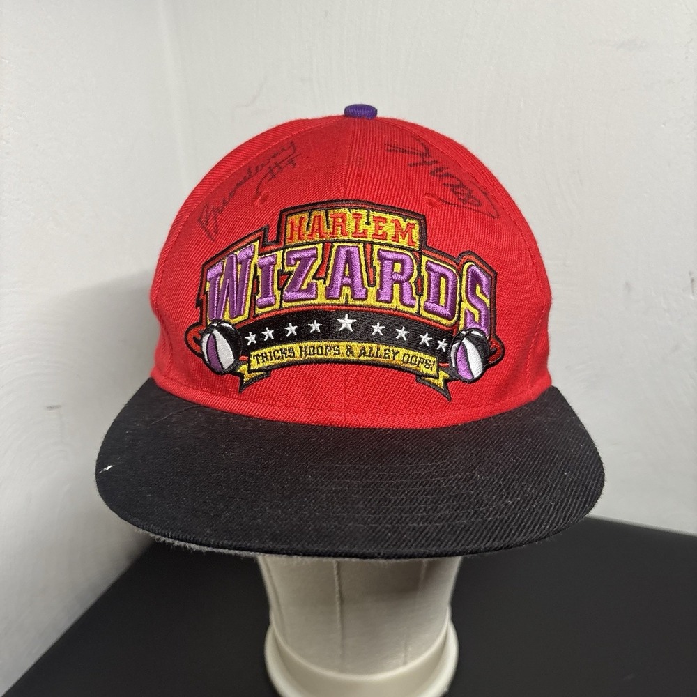 Harlem Wizards Snapback Hat Cap Red Black Basketball Signed Collectors
